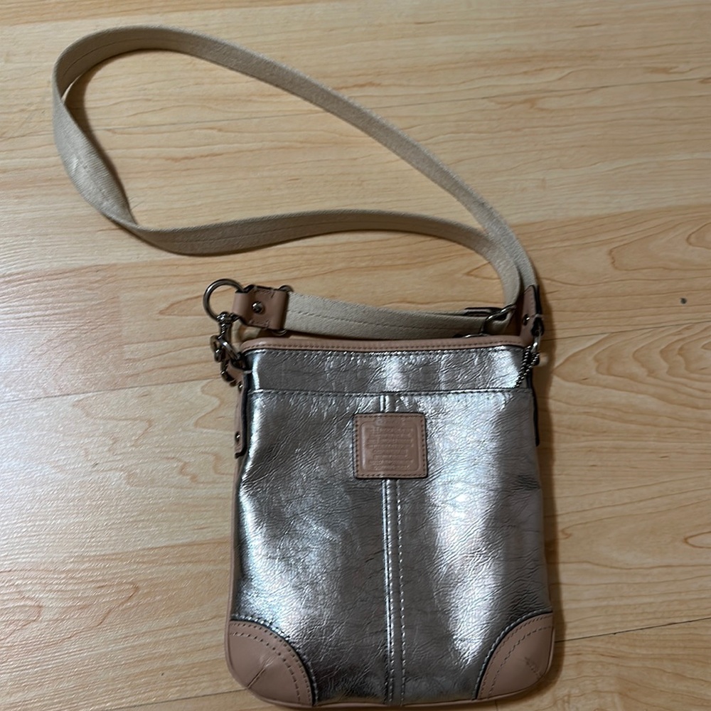 Coach Silver Metallic Crossbody with Tan Leather